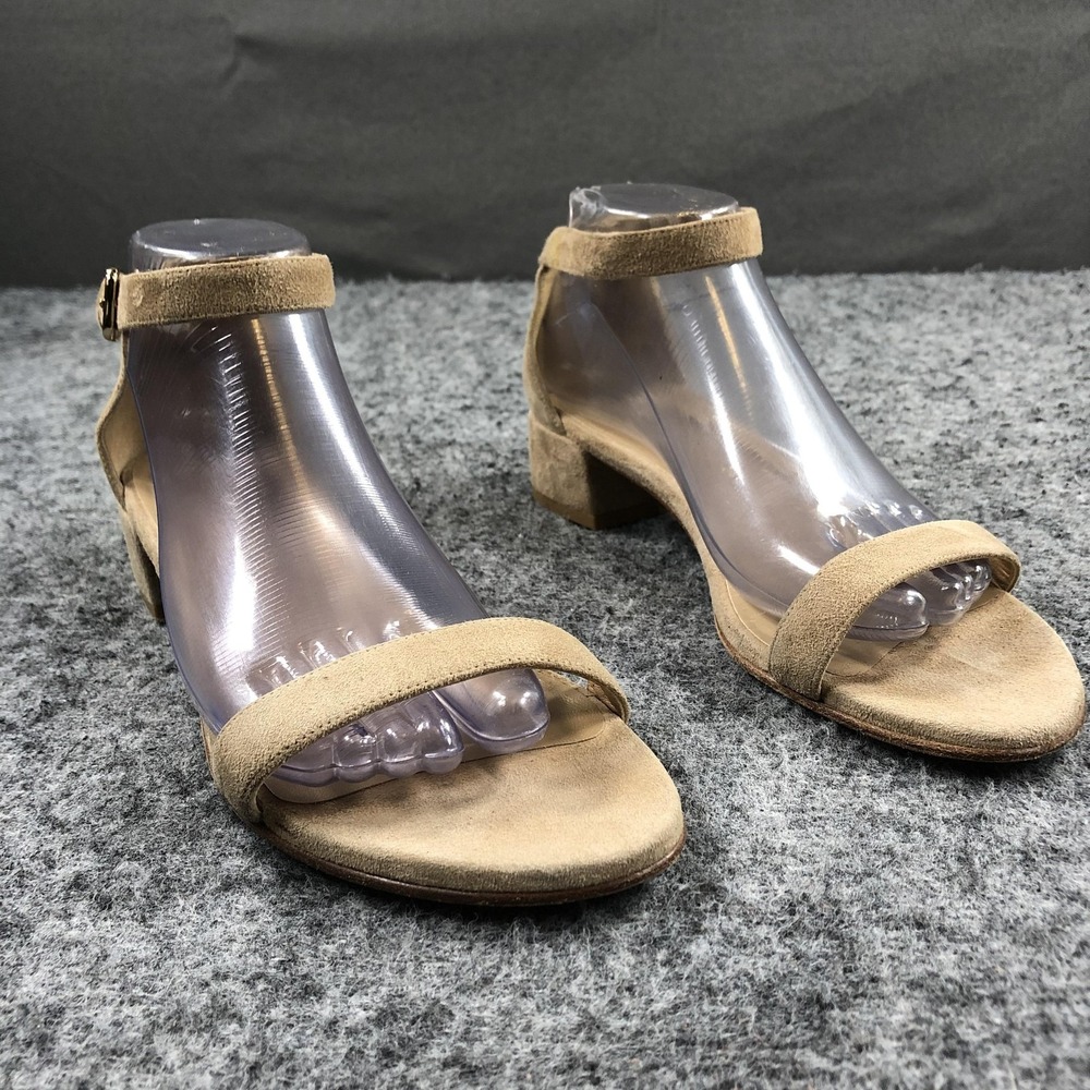 Stuart Weitzman Sandals Womens 8 Beige Suede Ankle Strap Block Heel Shoes